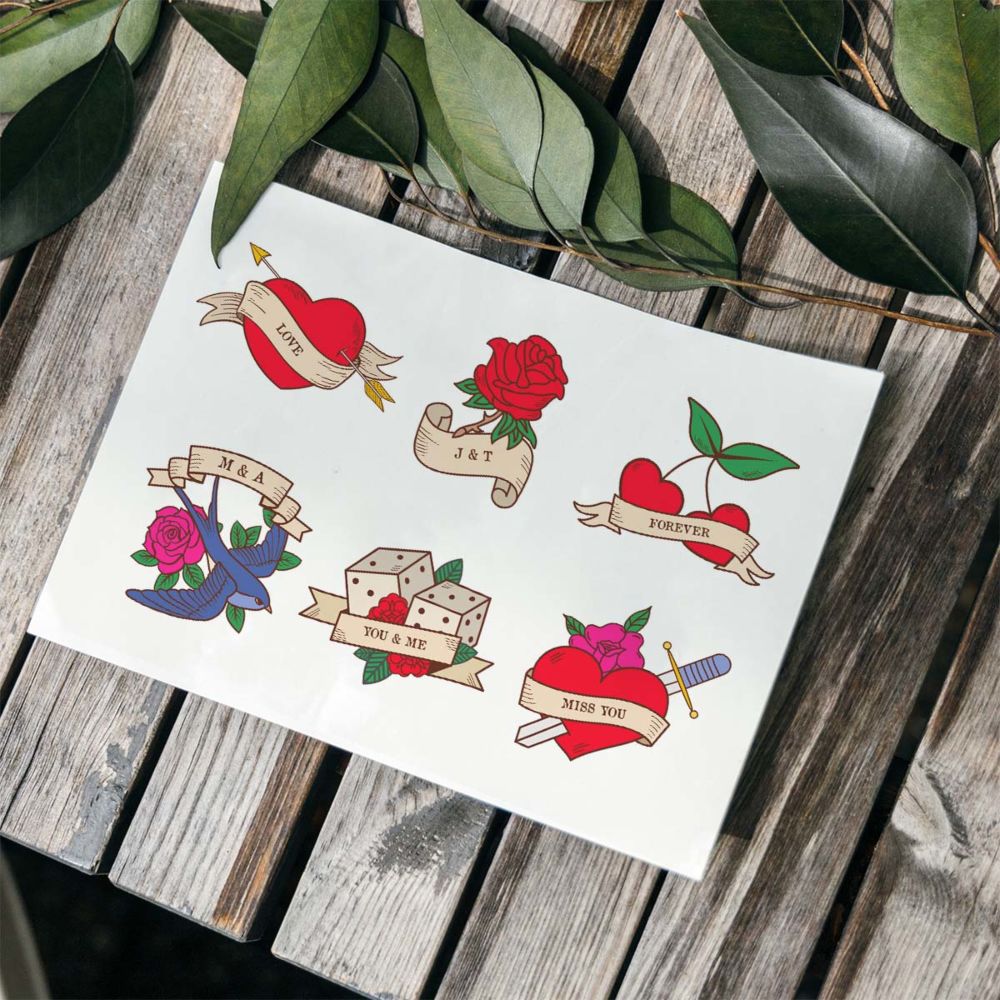 Personalisierbare Tattoos 6er Set mit Retro-Designs und Text