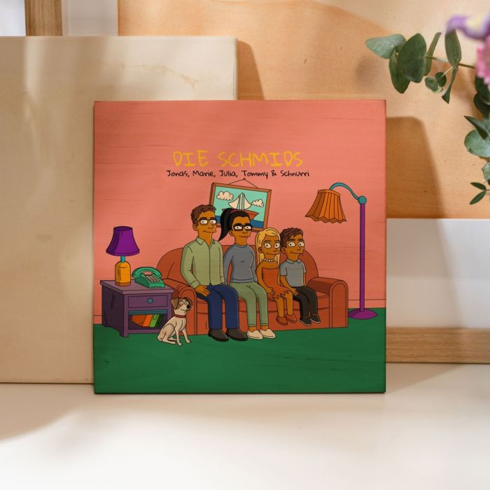 Personalisierbare Holzbild-Illustration Cartoon Familie