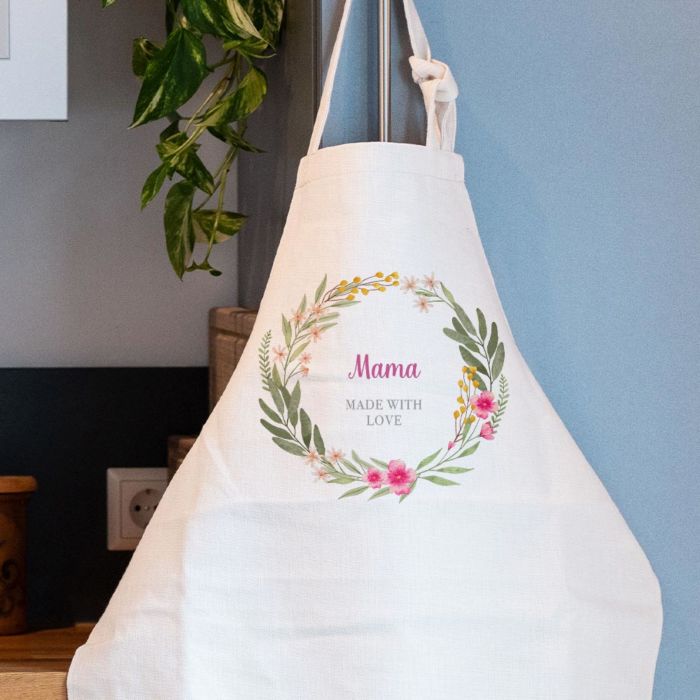 Personalisierbare Kochschürze mit Blumenkranz und Text Personalisierbare Kochschürze mit Blumenkranz und Text
