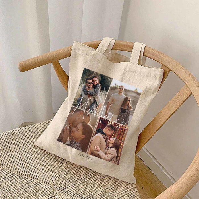 Personalisierbarer Jutebeutel mit 4 Fotos und Text Personalisierbarer Jutebeutel mit 4 Fotos und Text