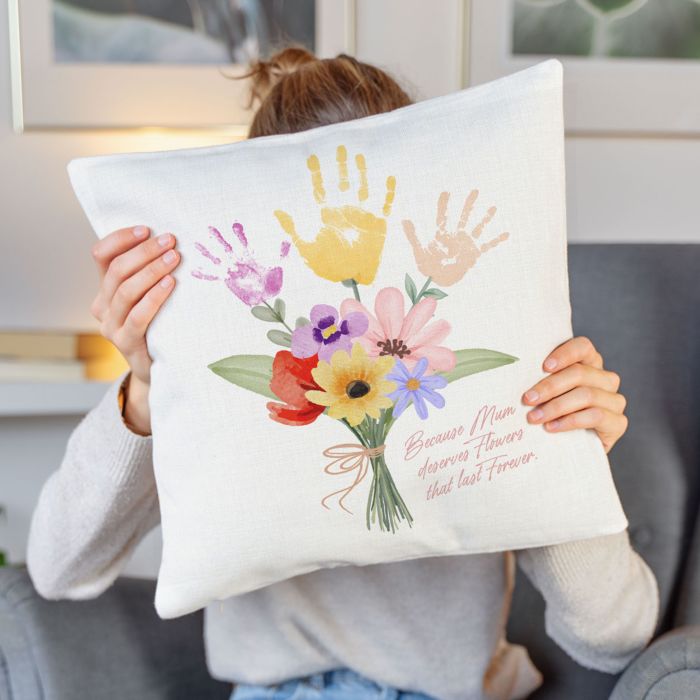 Personalisierbarer Kissenbezug Blumenstrauß mit Handabdruck Personalisierbarer Kissenbezug Blumenstrauß mit Handabdruck