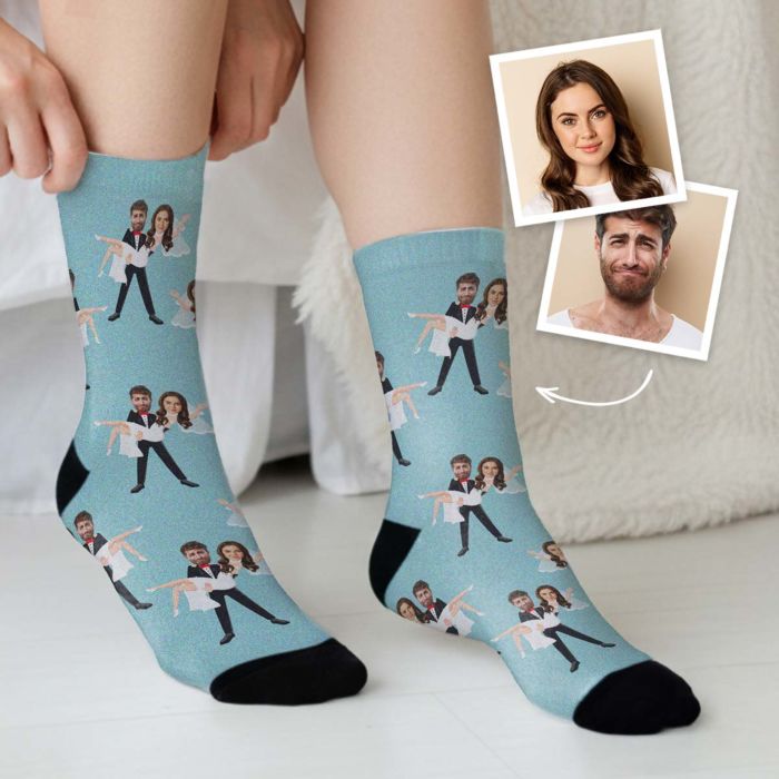 Personalisierbare Socken zur Hochzeit mit 2 Gesichtern Personalisierbare Socken zur Hochzeit mit 2 Gesichtern