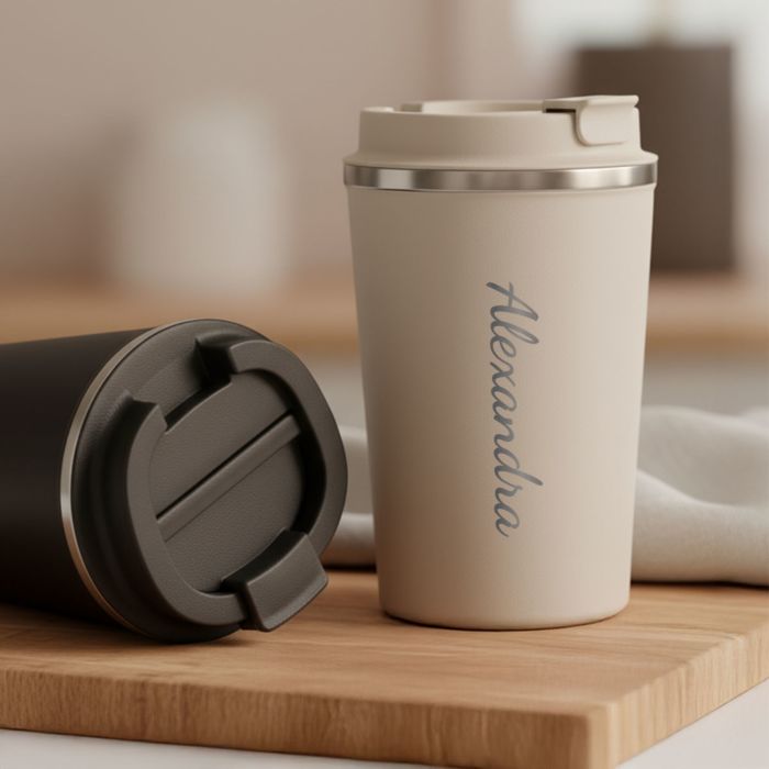 Personalisierbarer Thermobecher mit Text