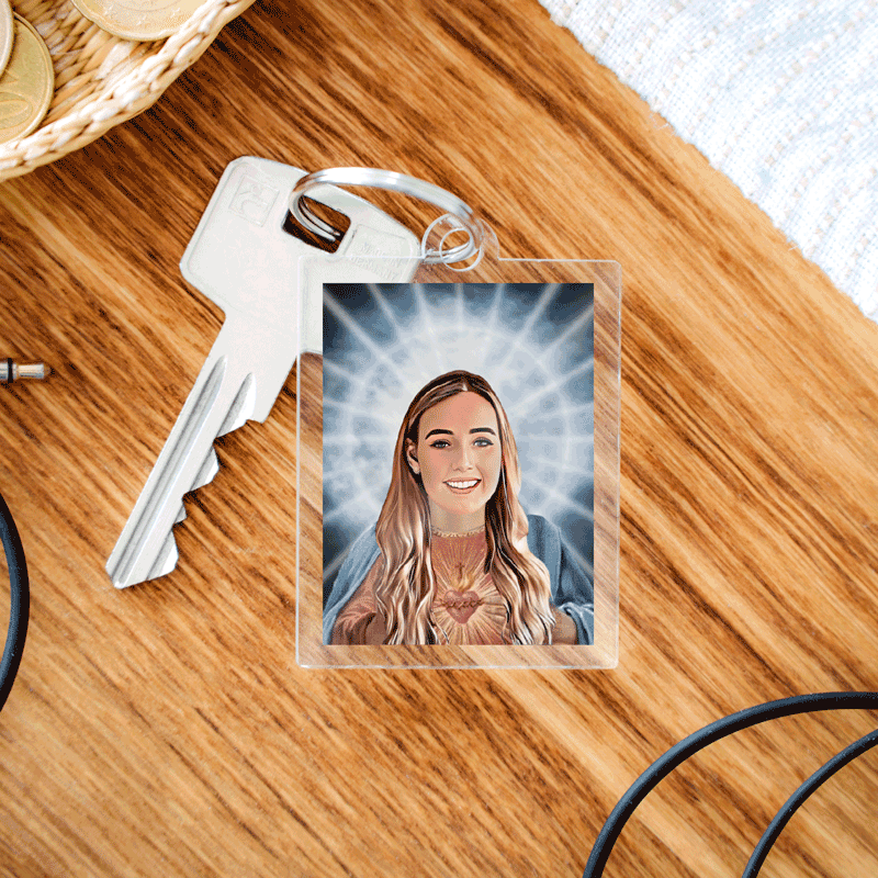 Personalisierbarer Acryl Schlüsselanhänger mit Heiligenschein und Gesicht